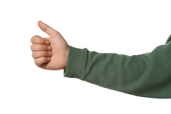 Man Showing Thumb White Background Closeup Hand Hitchhiking Gesture — Stock Photo, Image