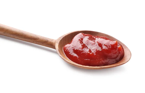 Sabroso Ketchup Cuchara Madera Aislado Blanco — Foto de Stock