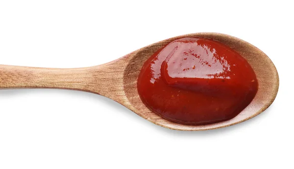 Lekkere Ketchup Houten Lepel Witte Achtergrond Bovenaanzicht — Stockfoto