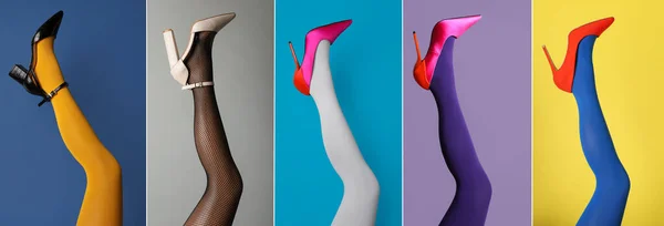 Koláž Fotografiemi Žen Zobrazující Módní Kolekce Stylových Bot Punčocháčů Ponožek — Stock fotografie