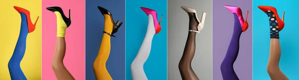 Коллаж Фотографиями Женщин Показывающих Модные Коллекции Стильной Обуви Колготки Носки — стоковое фото