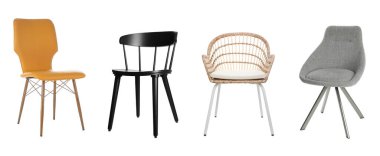 Beyaz arka planda farklı şık sandalyelerle ayarlanmış. Pankart tasarımı