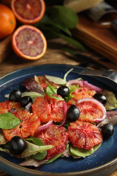 Plate Delicious Sicilian Orange Salad Table Closeup Space Text — Foto de Stock