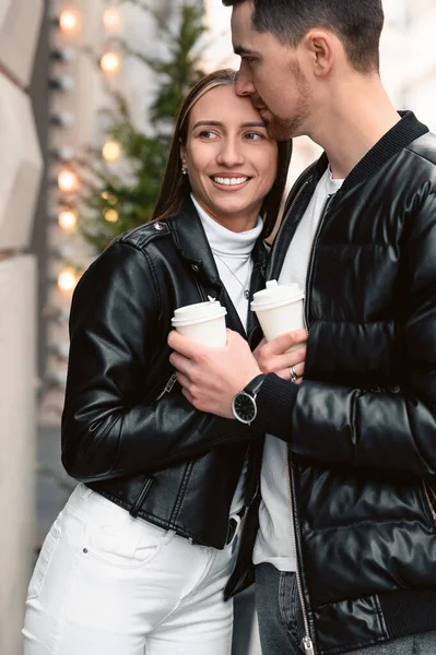 Lovely Young Couple Cups Coffee Enjoying Time Together Outdoors Closeup — Photo