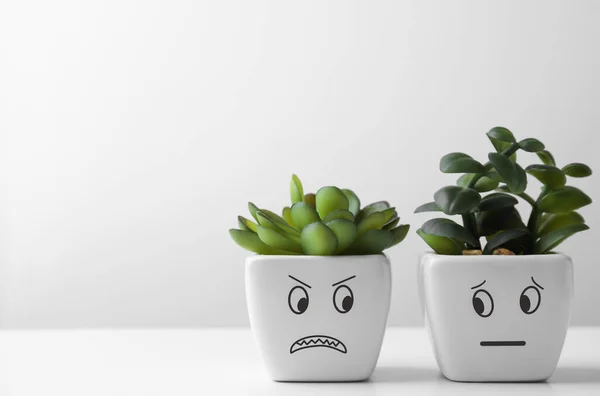 Schöne Topfpflanzen Mit Wütenden Und Besorgten Gesichtern Auf Weißem Tisch — Stockfoto