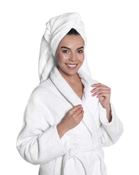 Beautiful Young Woman Wearing Bathrobe Towel Head White Background — Stock Photo, Image