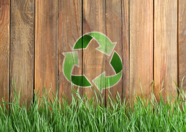 Grünes Gras Und Abbildung Eines Recycling Symbols Auf Einem Holzzaun — Stockfoto