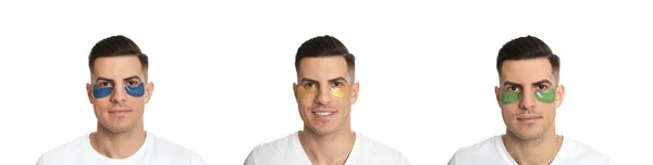 Colagem Homem Bonito Com Cosméticos Sob Manchas Oculares Fundo Branco — Fotografia de Stock