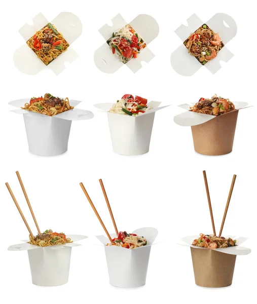 Set Met Dozen Lekkere Wok Noedels Witte Achtergrond — Stockfoto