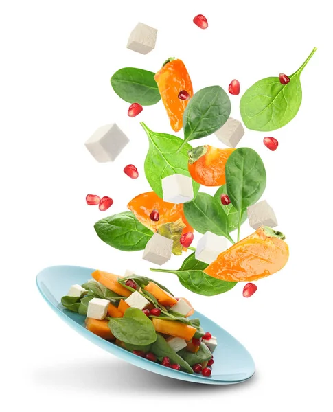 Ingrédients Savoureux Pour Salade Kaki Tombant Dans Assiette Sur Fond — Photo