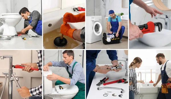 Collage Mit Fotos Von Professionellen Klempnern Und Ihren Werkzeugen — Stockfoto
