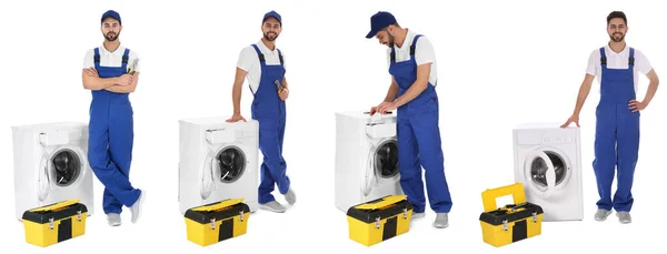 Collage Photos Repairman Toolbox Washing Machine White Background — Stockfoto