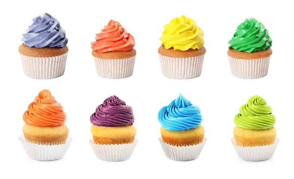 Conjunto Cupcakes Aniversário Coloridos Fundo Branco — Fotografia de Stock