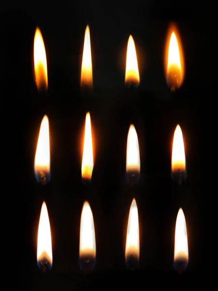 Kolekce Různých Svíček Plameny Černém Pozadí — Stock fotografie