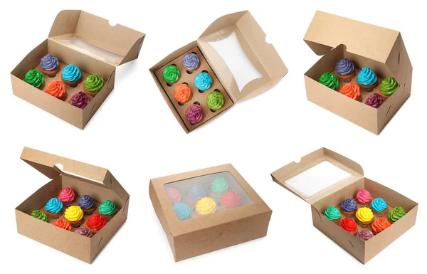 Conjunto Caixas Com Diferentes Cupcakes Saborosos Fundo Branco — Fotografia de Stock