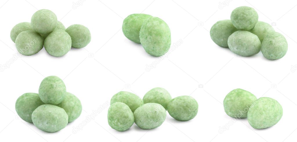 Set with spicy wasabi coated peanuts on white background. Banner design