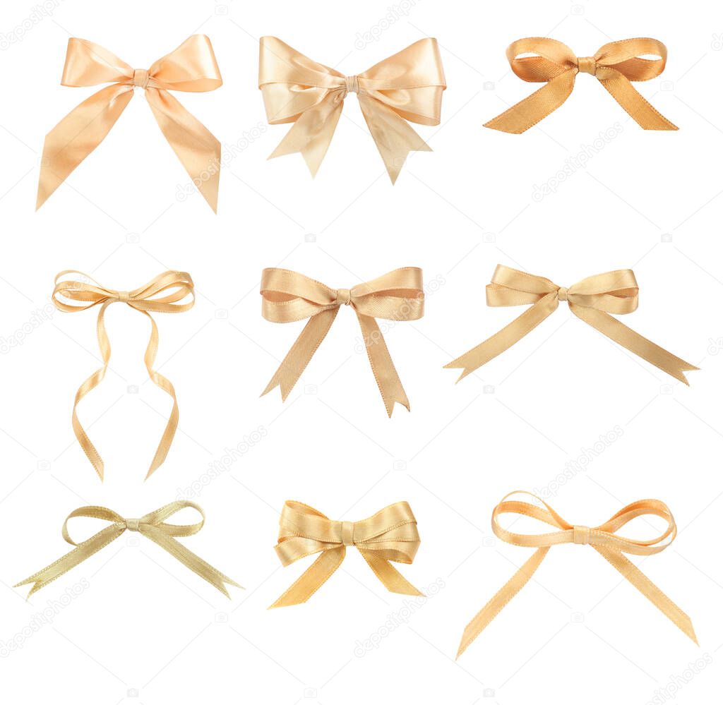 Set with beautiful golden bows on white background