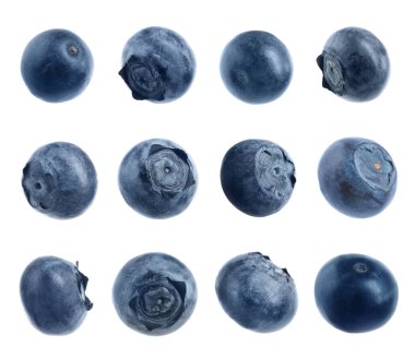 Beyaz arka planda taze olgun yaban mersinleriyle kurulmuş.