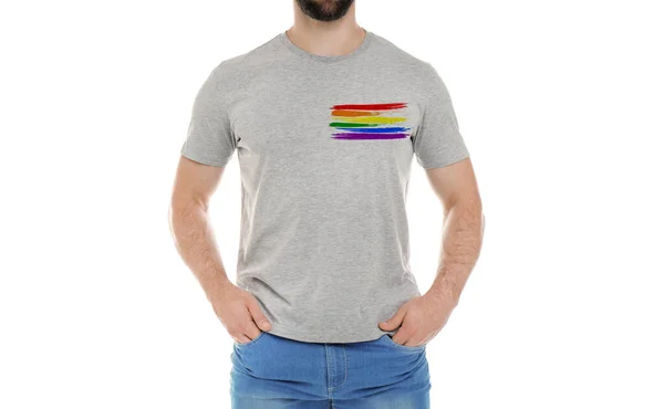 Hombre Joven Vistiendo Camiseta Gris Con Imagen Bandera Del Orgullo —  Fotos de Stock