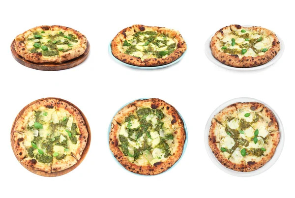 Zestaw Pysznych Pizzy Pesto Serem Białym Tle — Zdjęcie stockowe