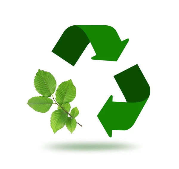 Recycling Symbool Gemaakt Van Pijlen Takken Met Groene Bladeren Witte — Stockfoto