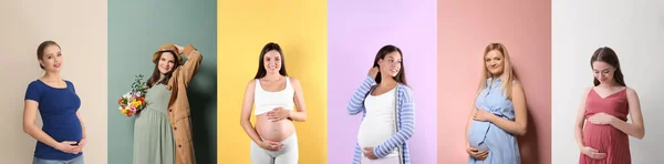 Farklı Renklerde Güzel Hamile Kadınların Fotoğraflarıyla Kolaj Pankart Tasarımı — Stok fotoğraf