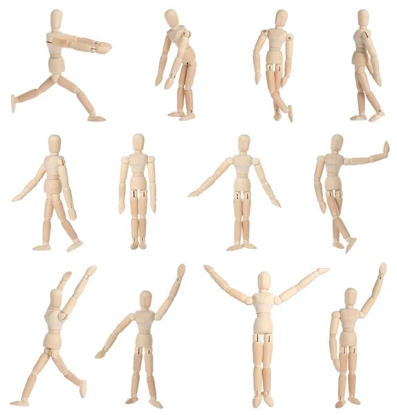 Set Con Modelos Humanos Madera Diferentes Poses Sobre Fondo Blanco —  Fotos de Stock