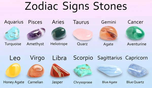 Signos Zodíaco Suas Pedras Preciosas Fundo Cor — Fotografia de Stock