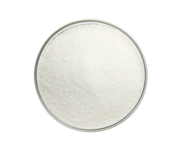 Granulált Cukor Fehér Színű Üvegtálban Felülnézetből — Stock Fotó