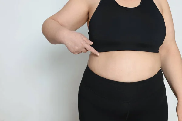 Obese Woman White Background Closeup Space Text Weight Loss Surgery — Stockfoto