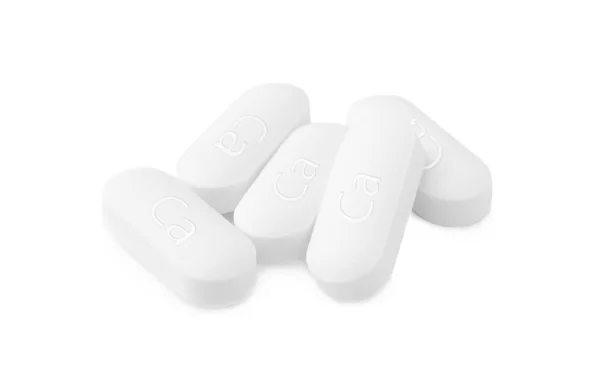 Pile Pilules Supplément Calcium Sur Fond Blanc — Photo