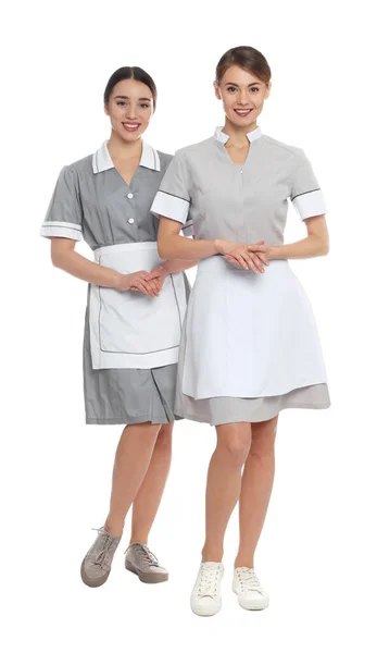 Portrait Complet Femmes Chambre Uniforme Bien Rangé Sur Fond Blanc — Photo