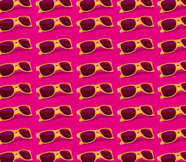 Many stylish sunglasses on pink background. Seamless pattern design