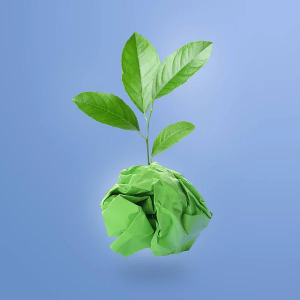 Θρυμματισμένο Φύλλο Χαρτιού Κλαδί Πράσινα Φύλλα Γαλάζιο Φόντο Έννοια Ανακύκλωσης — Φωτογραφία Αρχείου