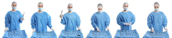 Colagem Com Fotos Médico Perto Mesa Com Diferentes Instrumentos Cirúrgicos — Fotografia de Stock