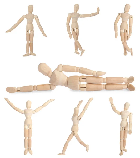 Set Wooden Human Models Different Poses White Background — Stock Photo, Image