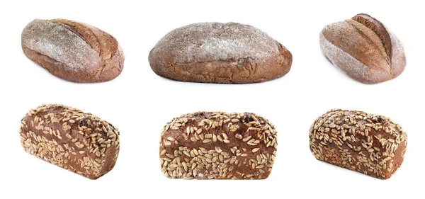 Kolaż Różnym Chlebem Białym Tle Projekt Banera — Zdjęcie stockowe