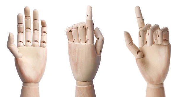 Set Wooden Hands Mannequins Showing Different Gestures White Background — Stockfoto