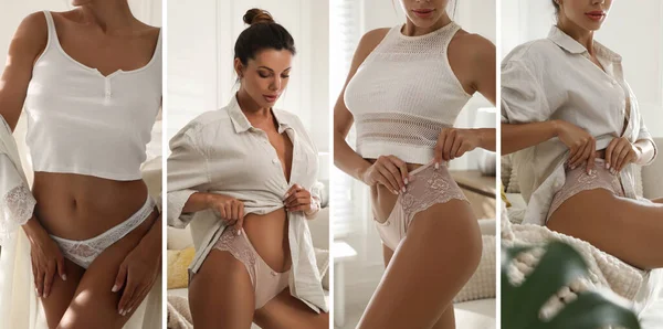 Collage Photos Beautiful Young Woman Wearing Sexy Panties Banner Design — Stockfoto