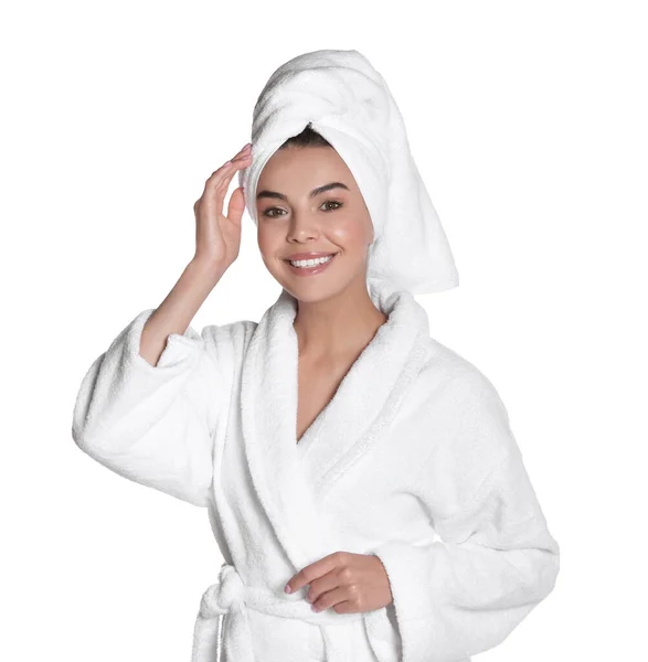 Beautiful Young Woman Wearing Bathrobe Towel Head White Background Stock Picture