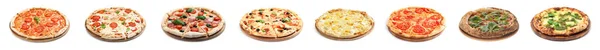 Állítsa Különböző Finom Pizzák Fehér Háttér Bannertervezés — Stock Fotó