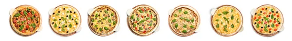 Set Con Diverse Pizze Deliziose Sfondo Bianco Vista Dall Alto — Foto Stock