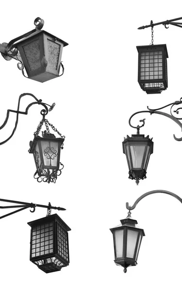 Piękne Lampy Uliczne Stylu Retro Białym Tle Collage — Zdjęcie stockowe
