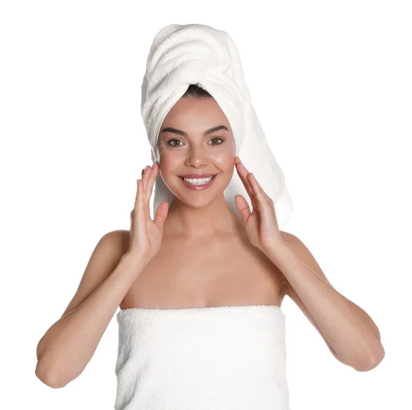 Piękna Młoda Kobieta Ręczników Białym Tle — Zdjęcie stockowe