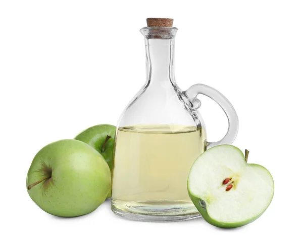 Fresh Ripe Green Apples Jug Juice White Background — Stock Photo, Image
