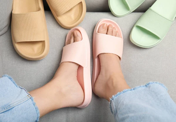 Woman Wearing Comfortable Rubber Slippers Indoors Top View — Stock Photo, Image