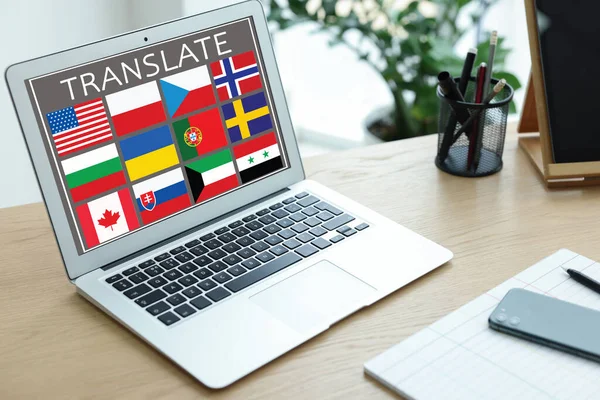 Workplace Laptop Images Different Flags Screen Phone Stationery Office — Stock Photo, Image