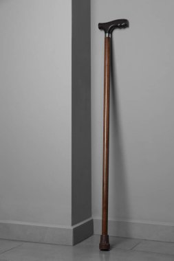 Açık gri duvarın yanında zarif bir baston.