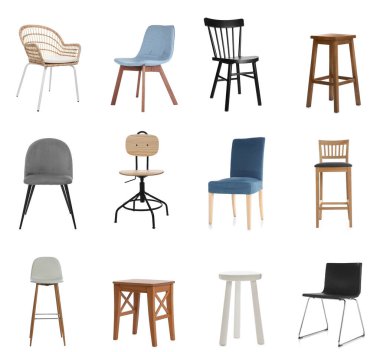 Beyaz arka planda farklı şık sandalyelerle ayarlandı