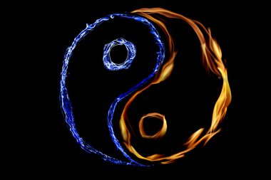 Ateş ve su, siyah arka planda Yin Yang sembolünü andırıyor. Feng Shui felsefesi